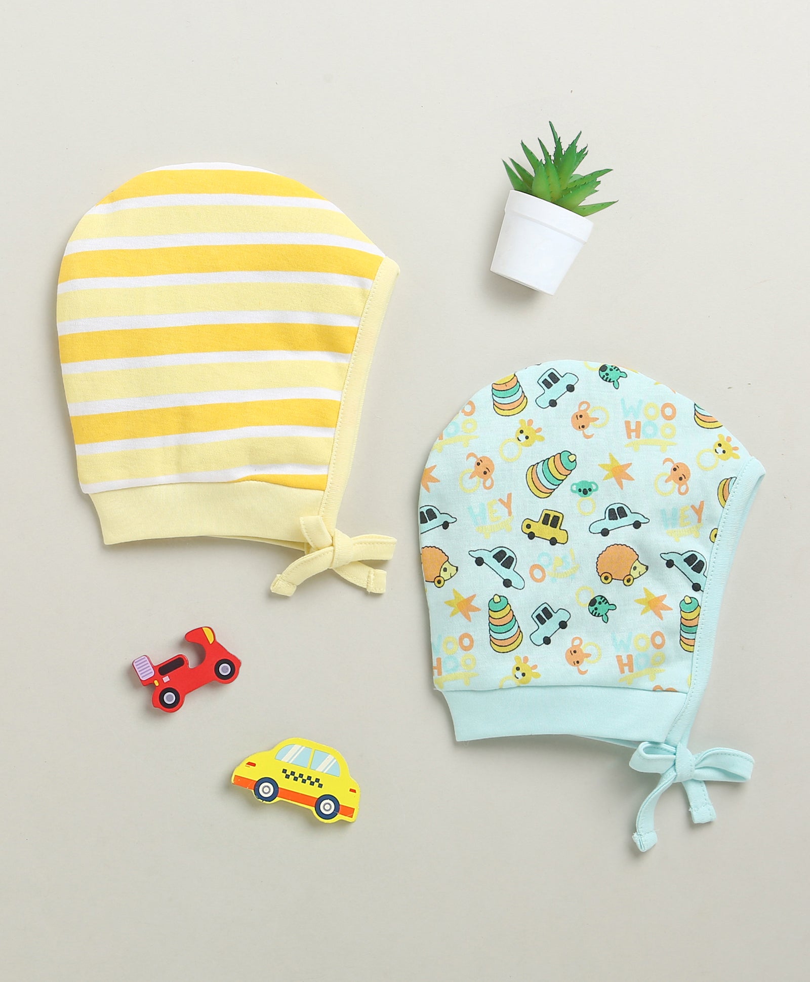 Sky Blue & Yellow Boys Cotton Pack Of 2 Bonet Cap