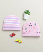 Bumzee Lilac & Lavender Graphic Print Cap, Pack of 2, 100% Cotton (Style Peb10948)