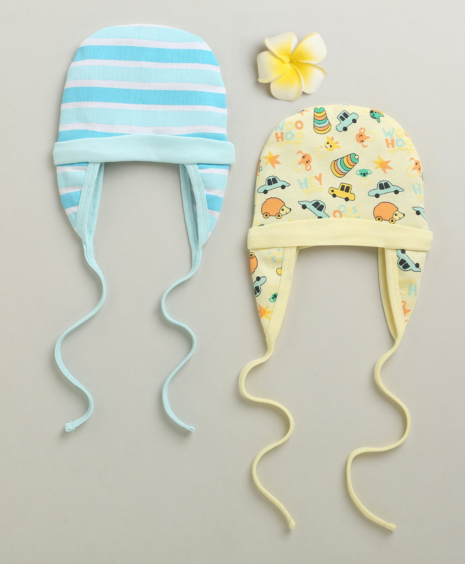 Yellow & Blue Boys Cotton Pack Of 2 Cap With Ear Flap