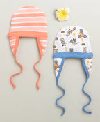 Bumzee White & Multi Animal Print Cap, Pack of 2, 100% Cotton, Ear Flap