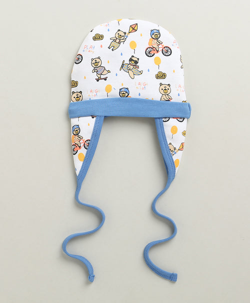 Boys 100% Cotton Bear & Striped Cap - White & Multi