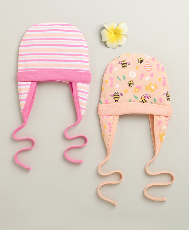 Peach & Pink Girls Cotton Pack Of 2 Cap With Ear Flap