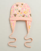 Bumzee Peach & Pink Animal Print Cap, Pack of 2, 100% Cotton, Ear Flap