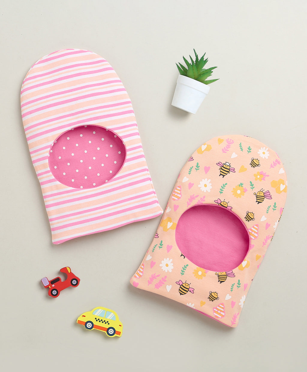 Bumzee Peach & Pink Animal Print Cap, Pack of 2, 100% Cotton (Style Peb10955)