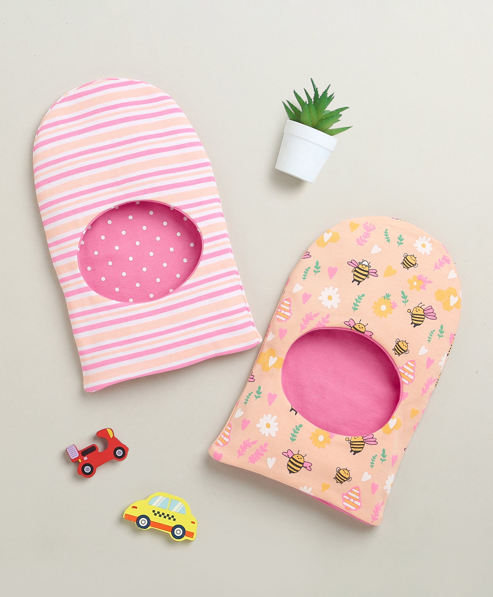 Peach & Pink Girls Cotton Pack Of 2 Monkey Cap