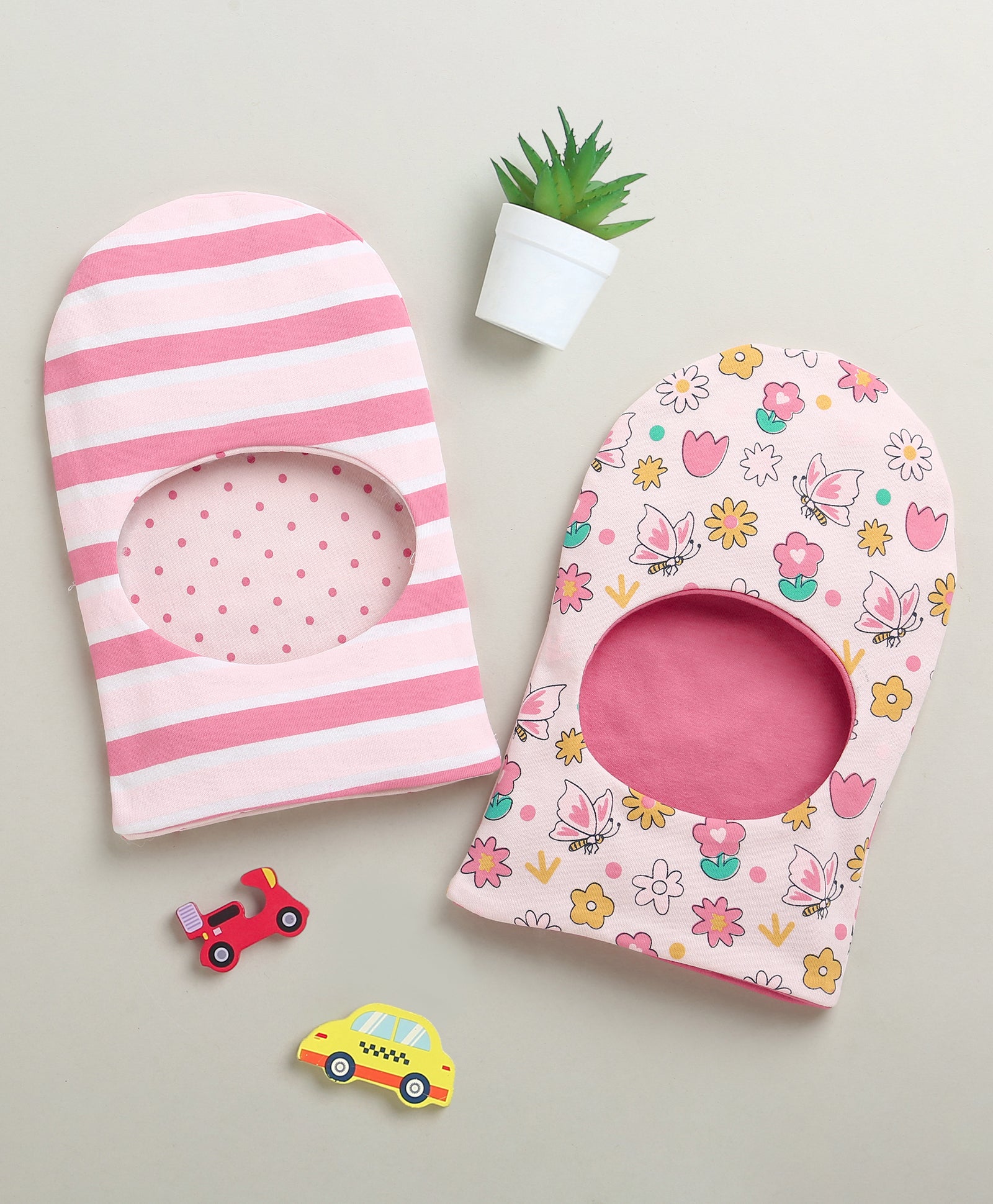 Pink & Peach Girls Cotton Pack Of 2 Monkey Cap