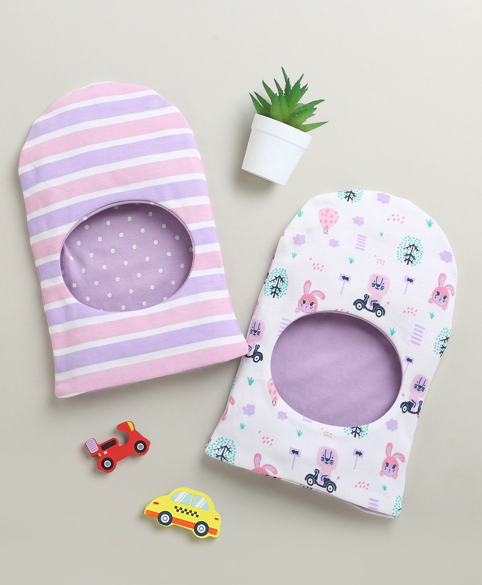 Lilac & Lavender Girls Cotton Pack Of 2 Monkey Cap