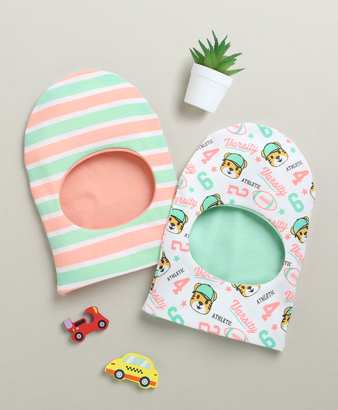 White & Multi Boys Cotton Pack Of 2 Monkey Cap