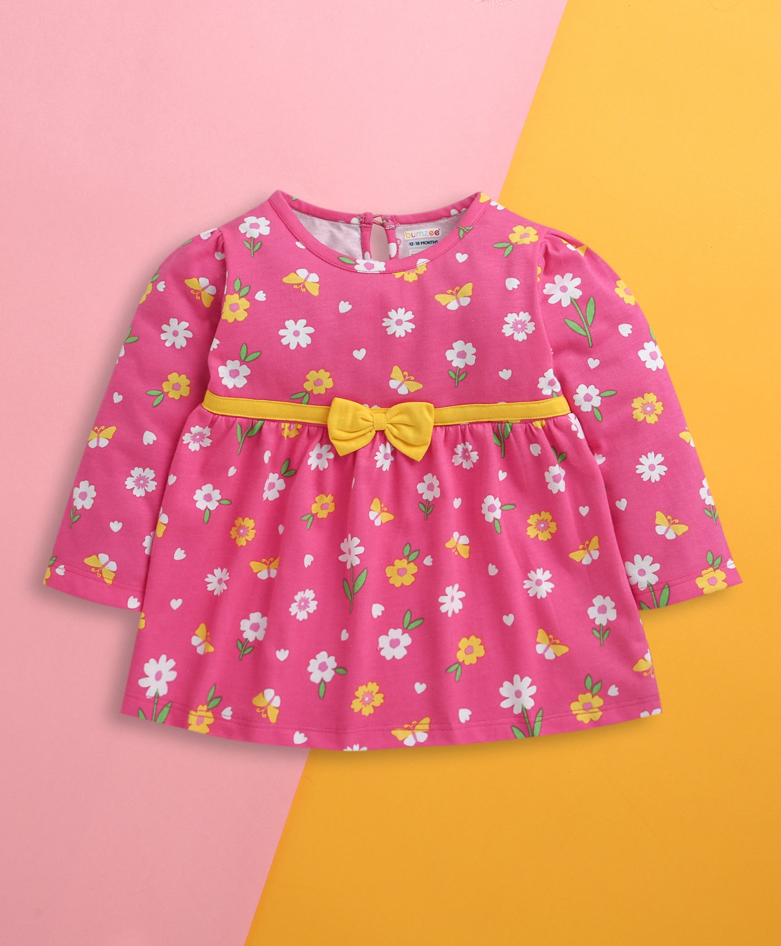 Pink Girls Full Sleeves Cotton Knee Length Frock