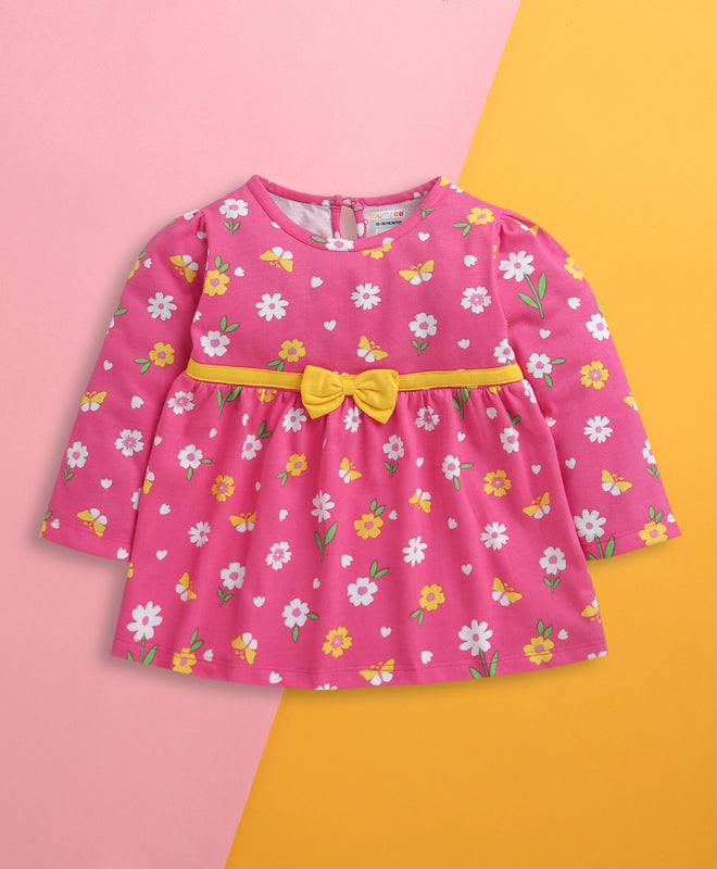 Pink Girls Full Sleeves Cotton Knee Length Frock