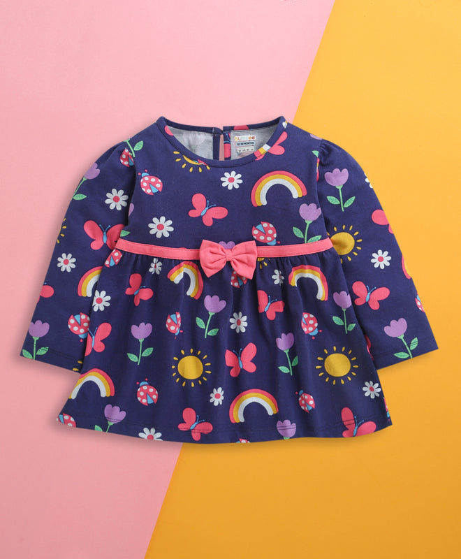 Navy Girls Full Sleeves Cotton Knee Length Frock