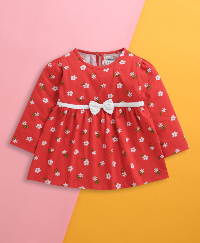 Red Girls Full Sleeves Cotton Knee Length Frock
