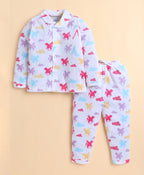 Bumzee White Animal Print Nightsuit, Full Sleeves, 100% Cotton (Style Peb10976)
