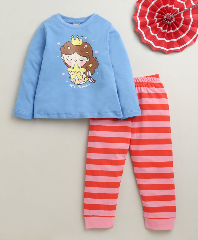 Blue & Pink Girls Full Sleeves Cotton T-Shirt & Pyjama Set