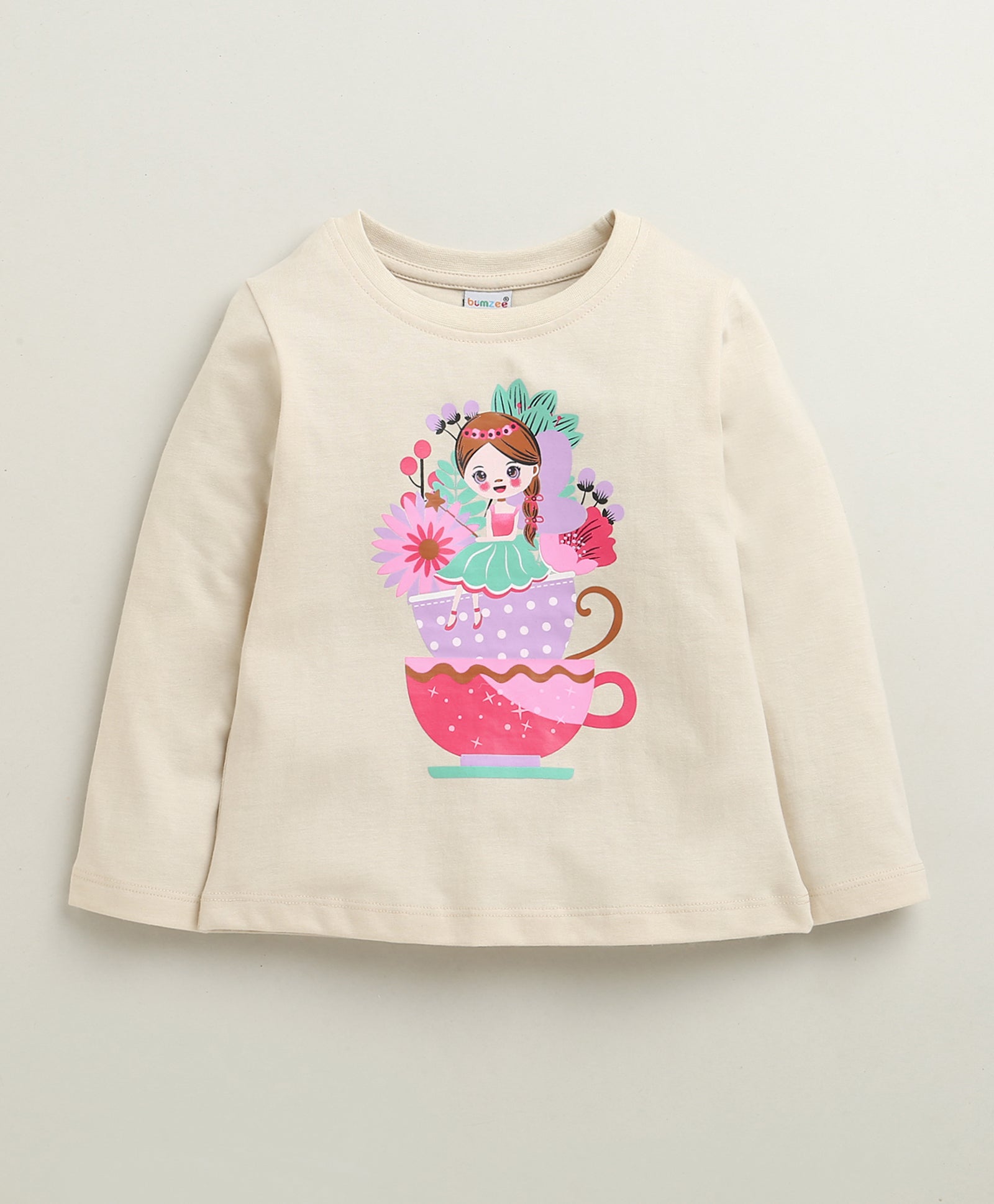 Beige & Pink Girls Full Sleeves Cotton T-Shirt & Pyjama Set