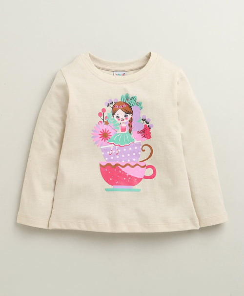 Beige & Pink Girls Full Sleeves Cotton T-Shirt & Pyjama Set