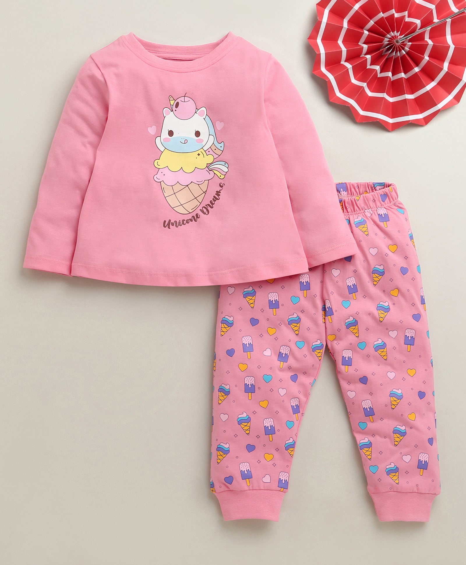Pink Girls Full Sleeves Cotton T-Shirt & Pyjama Set
