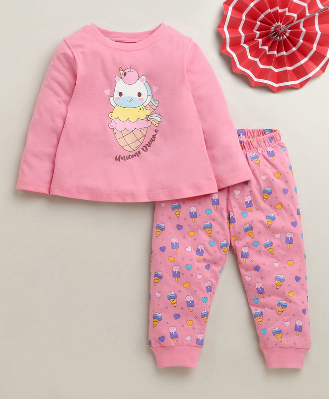Pink Girls Full Sleeves Cotton T-Shirt & Pyjama Set