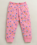 Bumzee Pink Graphic Print T-Shirt & Pyjama Set, Full Sleeves, 100% Cotton (Style Peb10985)