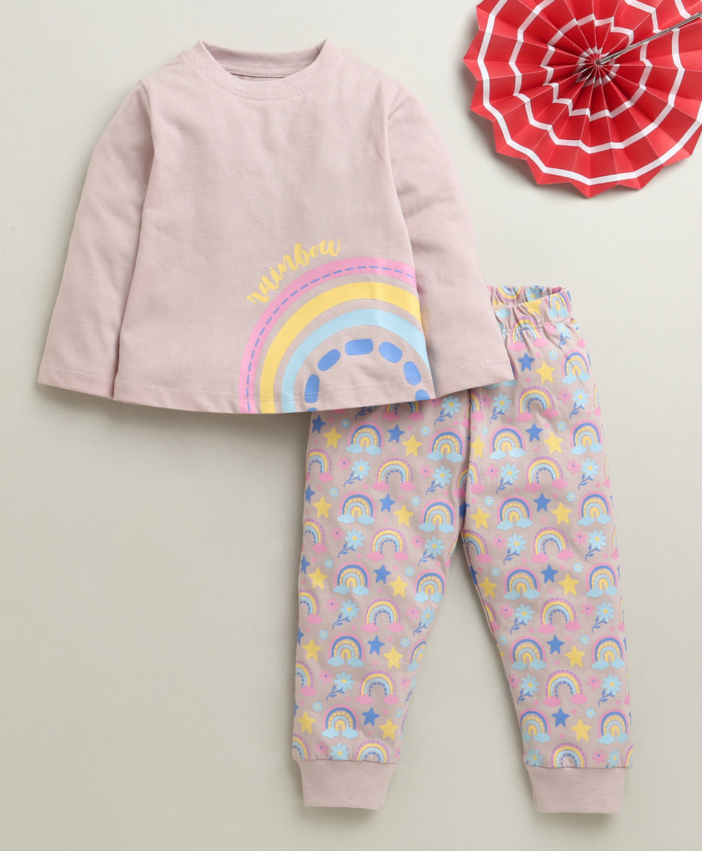 Bumzee Dusty Pink Graphic Print T-Shirt & Pyjama Set, Full Sleeves, 100% Cotton (Style Peb10987)