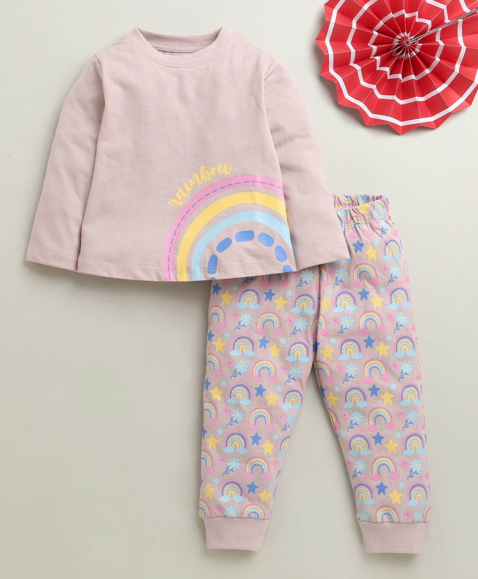Dusty Pink Girls Full Sleeves Cotton T-Shirt & Pyjama Set