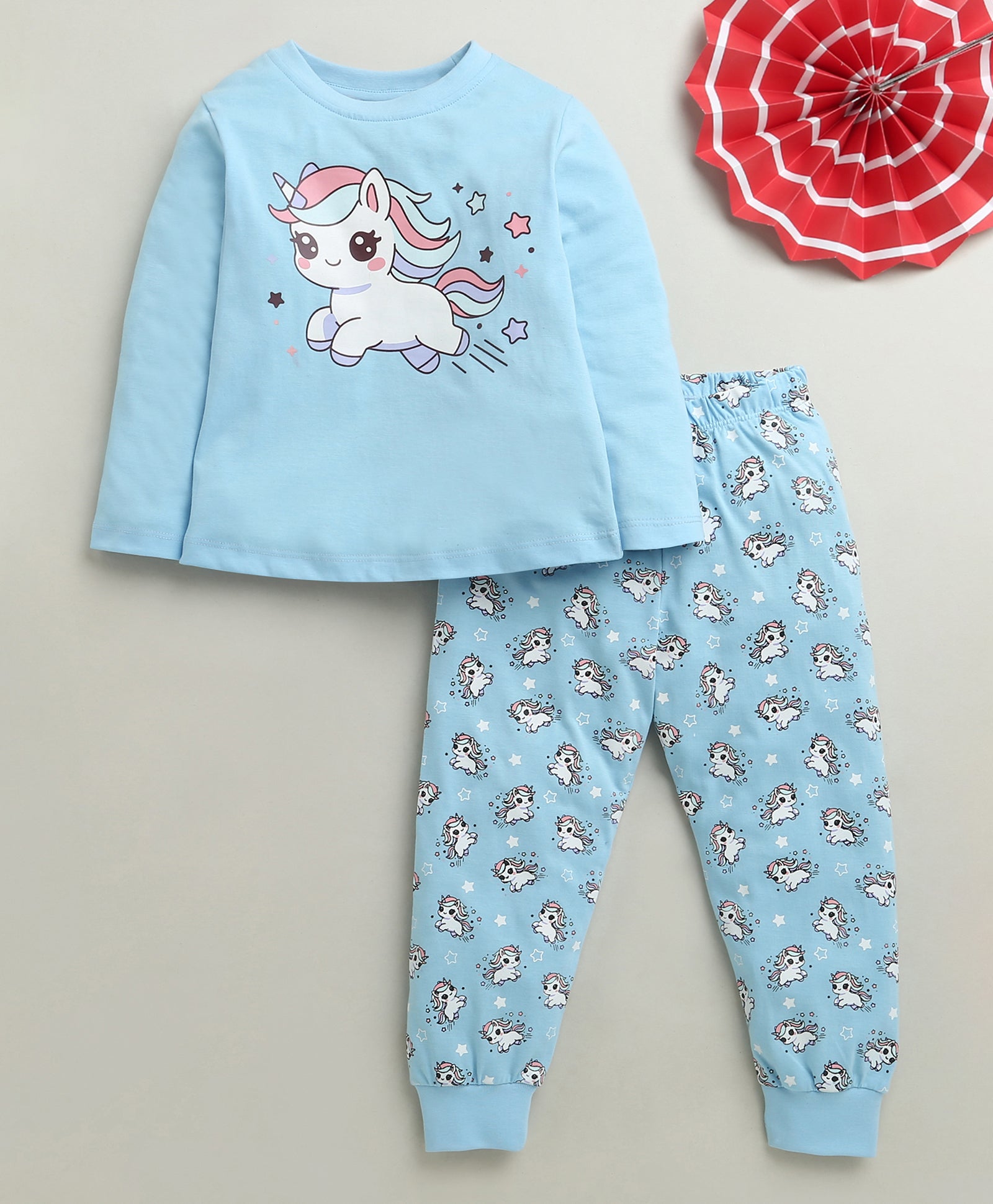 Blue Girls Full Sleeves Cotton T-Shirt & Pyjama Set