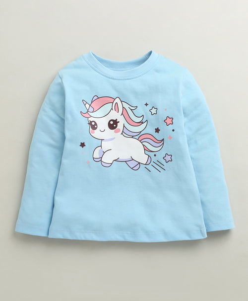 Blue Girls Full Sleeves Cotton T-Shirt & Pyjama Set