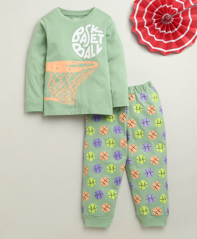 Green Boys Full Sleeves Cotton T-Shirt & Pyjama Set