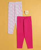 Bumzee Pink & White Floral Print Leggings, Pack of 2, 100% Cotton