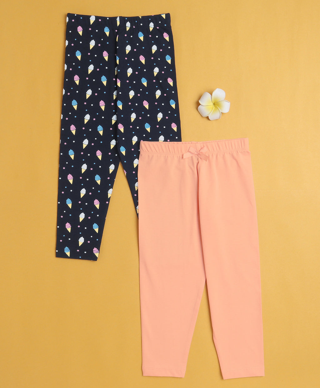 Bumzee Peach & Navy Graphic Print Leggings, Pack of 2, 100% Cotton