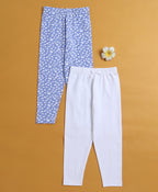 Bumzee White & Blue Floral Print Leggings, Pack of 2, 100% Cotton