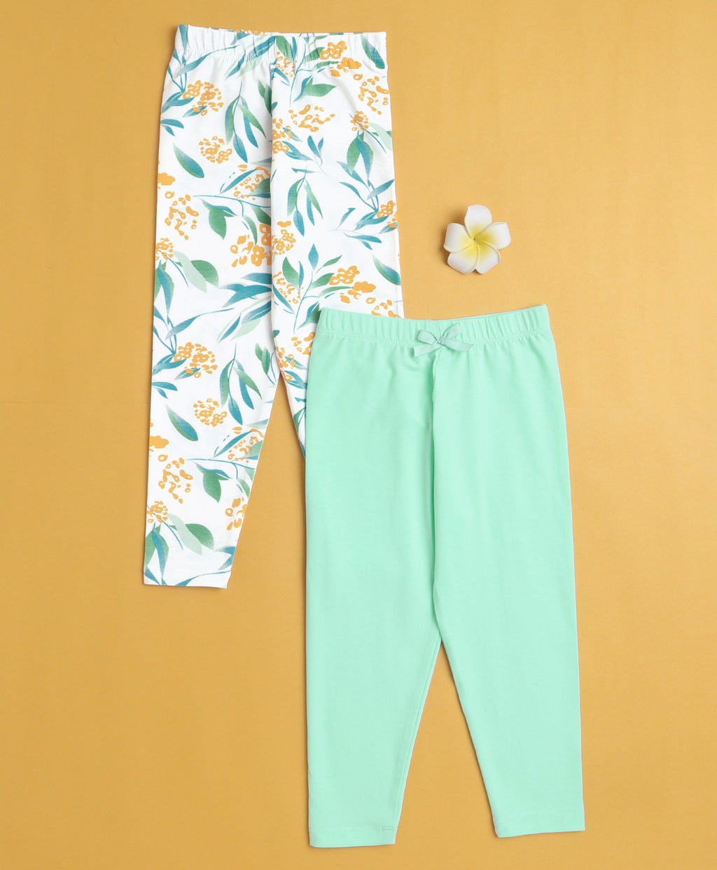 Bumzee Green & White Floral Print Leggings, Pack of 2, 100% Cotton