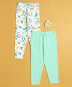 Bumzee Green & White Floral Print Leggings, Pack of 2, 100% Cotton