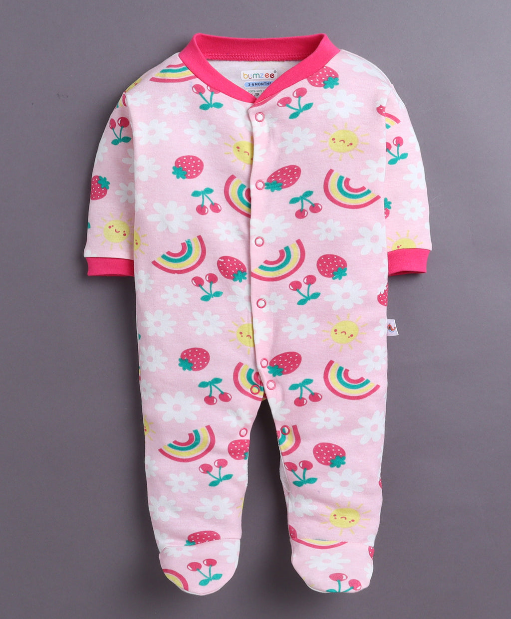 Bumzee Pink & Baby Pink Floral Print Sleepsuit, Pack of 3, Full Sleeves