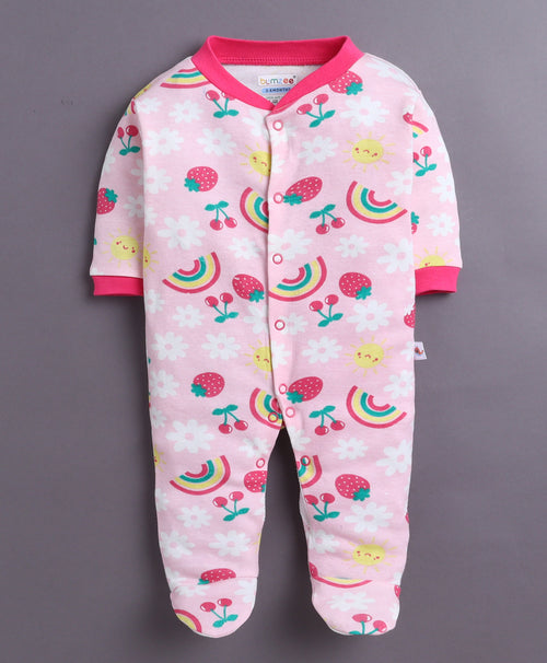 Bumzee Pink & Baby Pink Floral Print Sleepsuit, Pack of 3, Full Sleeves