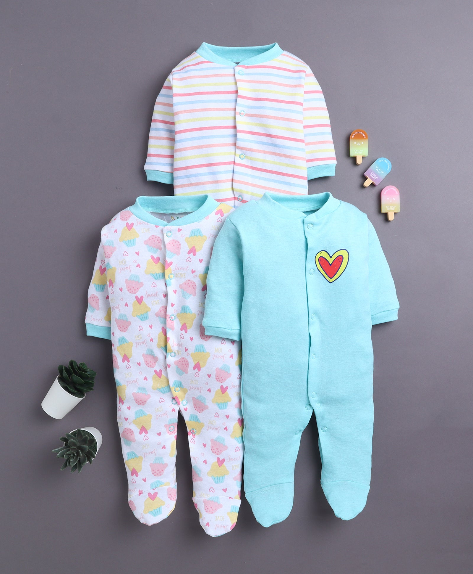 Mint Green & White Baby Girls Full Sleeves Sleepsuit Pack Of 3