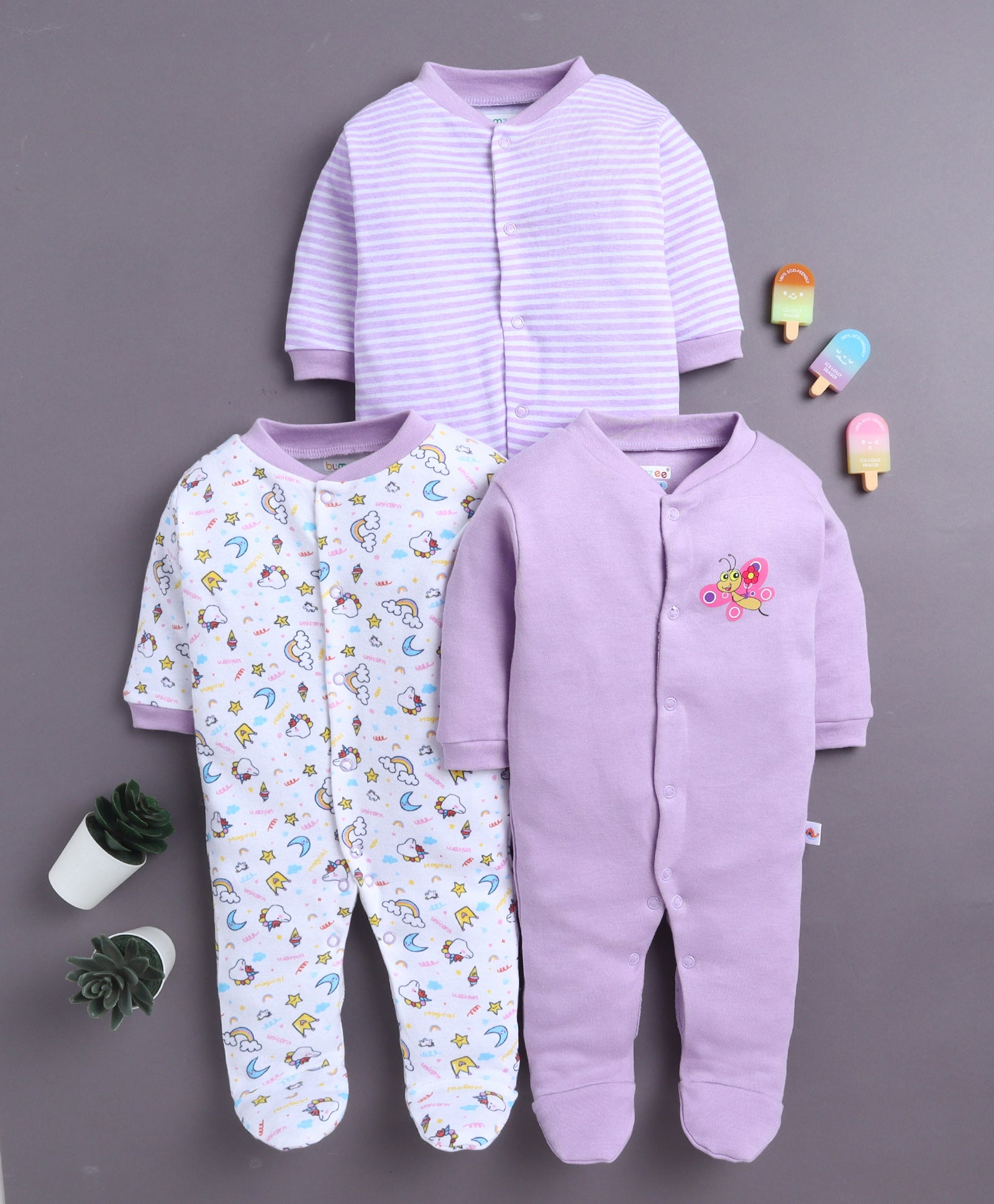 Lavender & White Baby Girls Full Sleeves Sleepsuit Pack Of 3