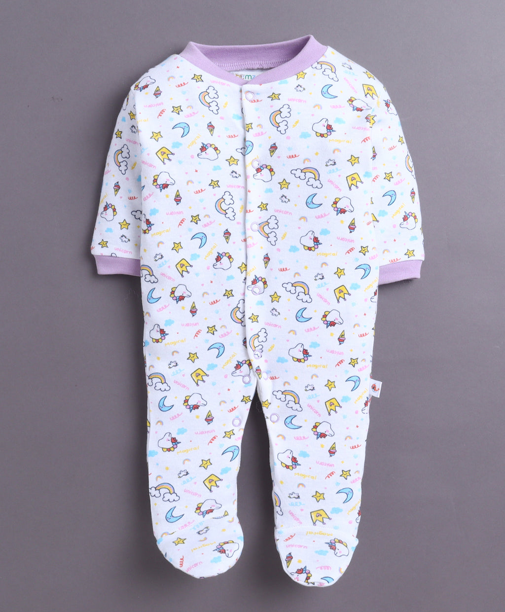 Bumzee Lavender & White Graphic Print Sleepsuit, Pack of 3, Full Sleeves (Style Peb11014)