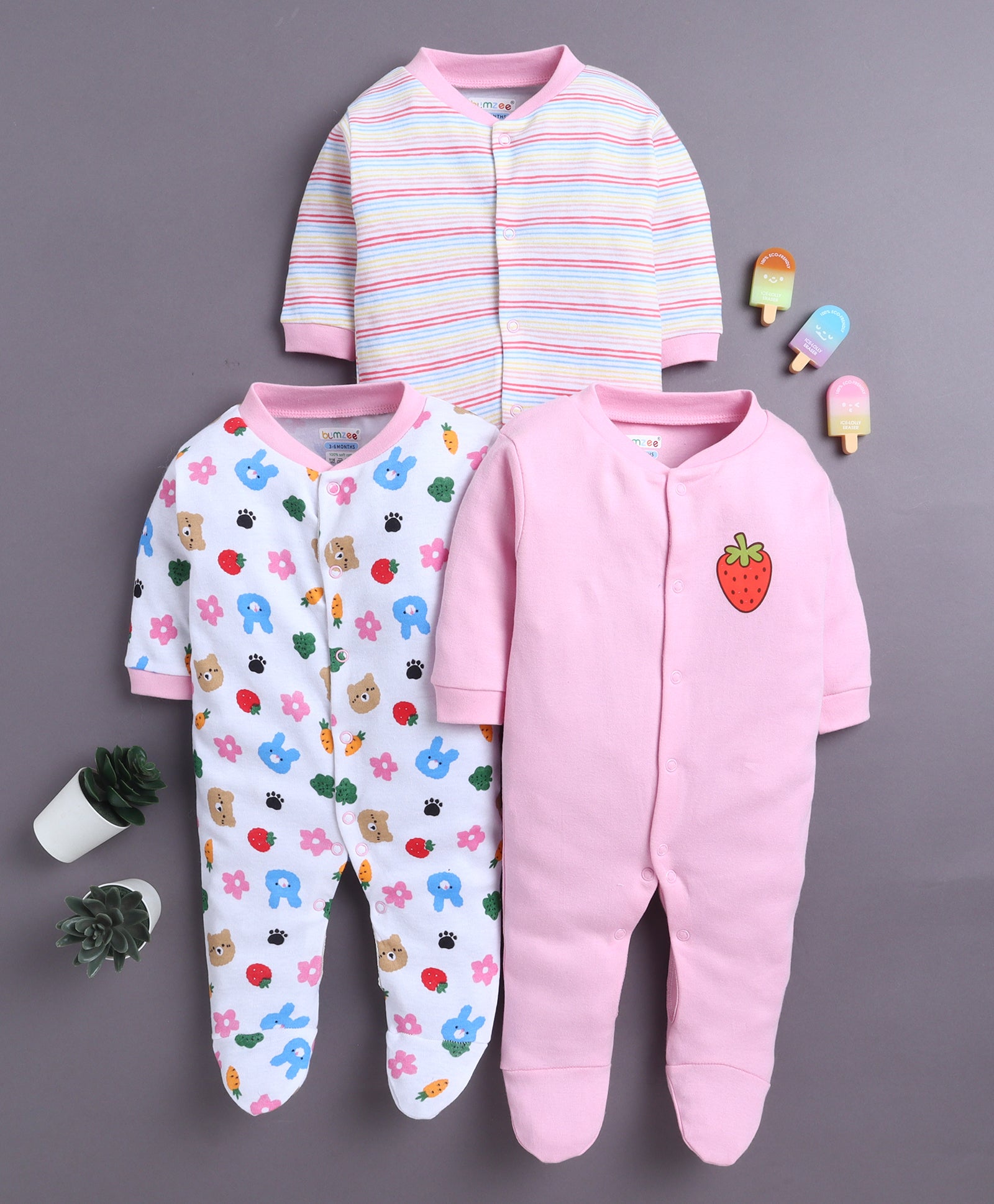 Baby Pink & White Baby Girls Full Sleeves Sleepsuit Pack Of 3