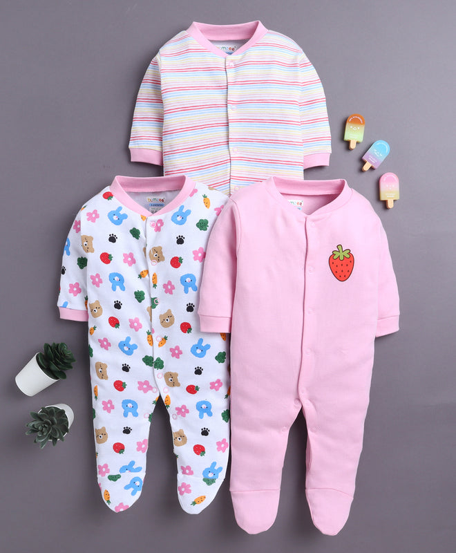 Baby Pink & White Baby Girls Full Sleeves Sleepsuit Pack Of 3