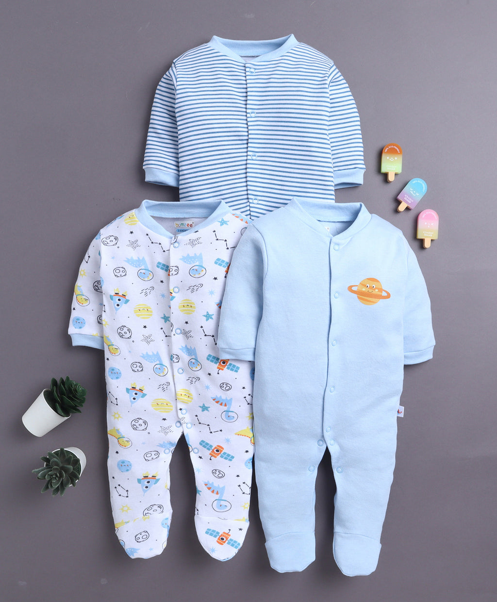 Bumzee Sky Blue & White Graphic Print Sleepsuit, Pack of 3, Full Sleeves