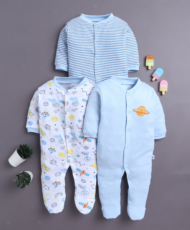 Sky Blue & White Baby Boys Full Sleeves Sleepsuit Pack Of 3