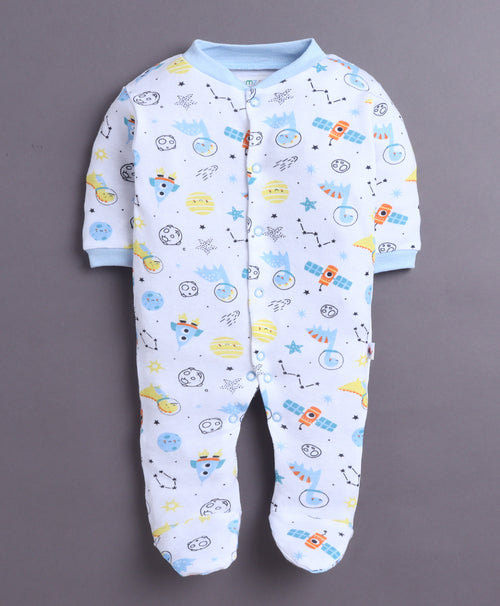 Bumzee Sky Blue & White Graphic Print Sleepsuit, Pack of 3, Full Sleeves