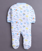 Bumzee Sky Blue & White Graphic Print Sleepsuit, Pack of 3, Full Sleeves