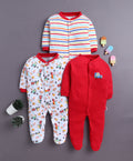Bumzee Red & White Graphic Print Sleepsuit, Pack of 3, Full Sleeves, 100% Cotton
