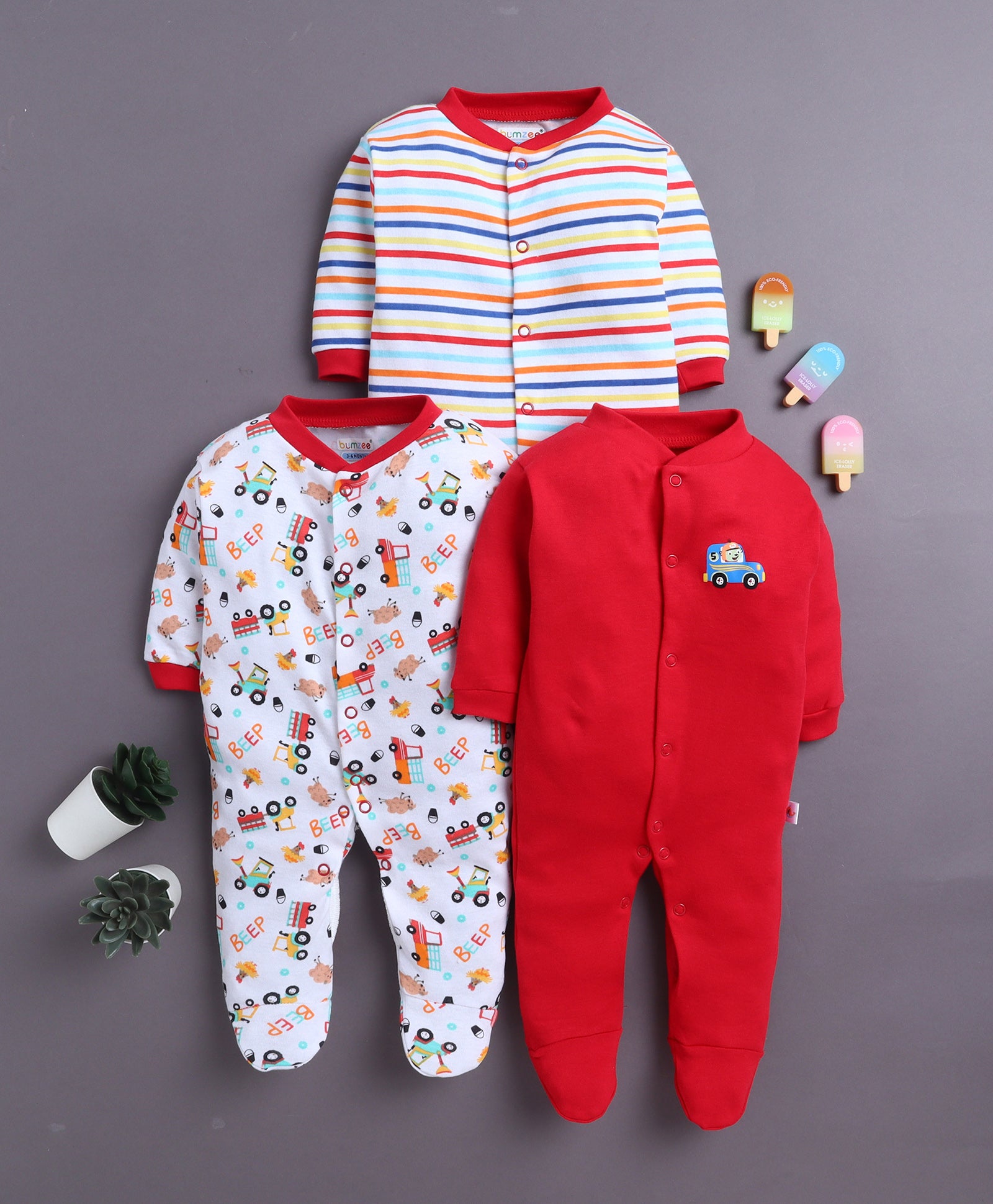 Red & White Baby Boys Full Sleeves Sleepsuit Pack Of 3
