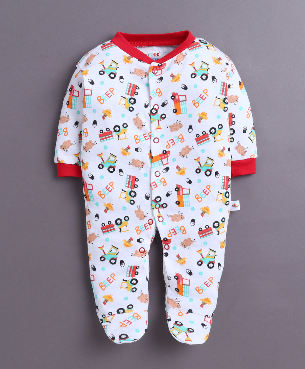 Bumzee Red & White Graphic Print Sleepsuit, Pack of 3, Full Sleeves, 100% Cotton
