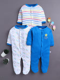 Bumzee Royal Blue & White Graphic Print Sleepsuit, Pack of 3, Full Sleeves