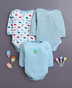 Bumzee Sky Blue & White Graphic Print Bodysuit, Pack of 3, Full Sleeves, Onesie (Style Peb11026)
