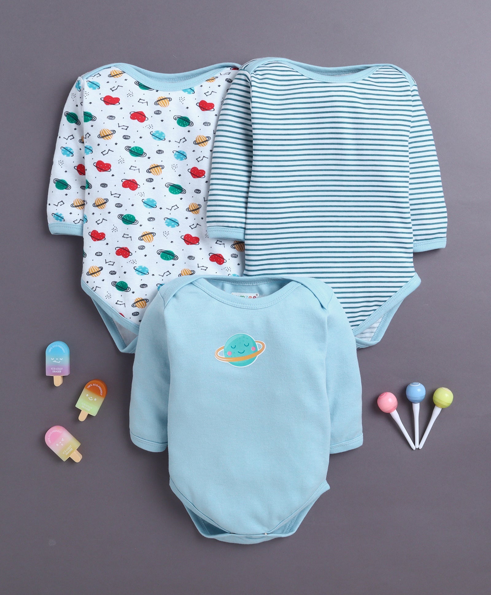 Sky Blue & White Baby Boys Full Sleeves Cotton Bodysuit / Onesies Pack Of 3